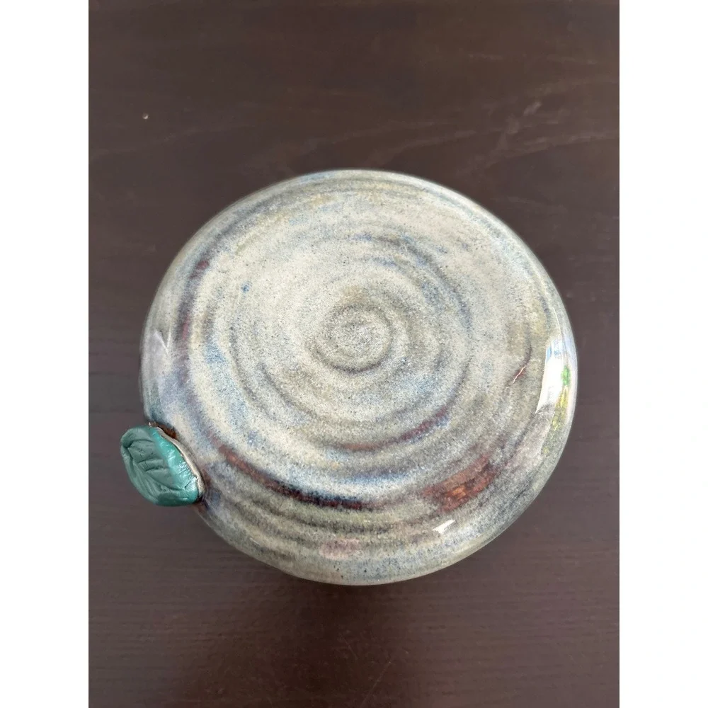 Handmade Studio Pottery Butter Bell French Keeper Blue Green Glaze Leaf Detail